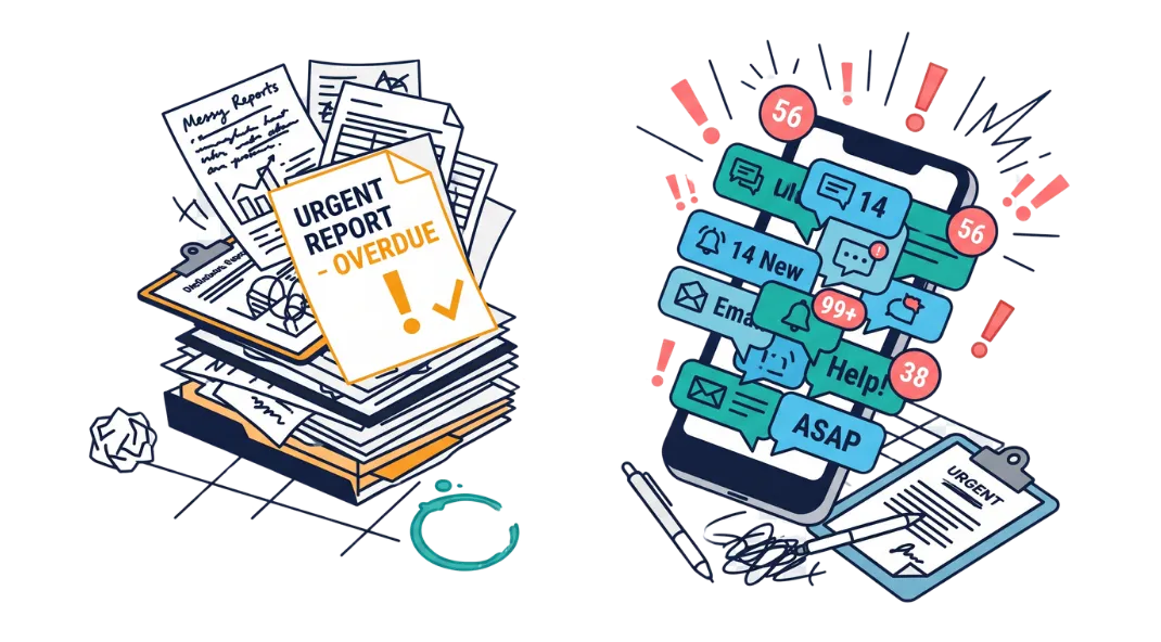 A stack of overdue paper reports next to a phone overwhelmed with chat notifications